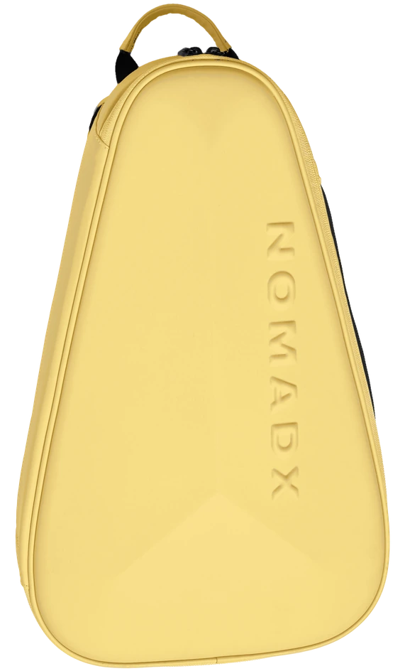 NomadX Hardshell Padel Backpack in Butter Yellow, standing upright, three-quarter view