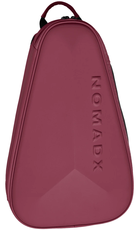 NomadX Hardshell Padel Backpack in Deep Burgundy, standing upright, three-quarter view