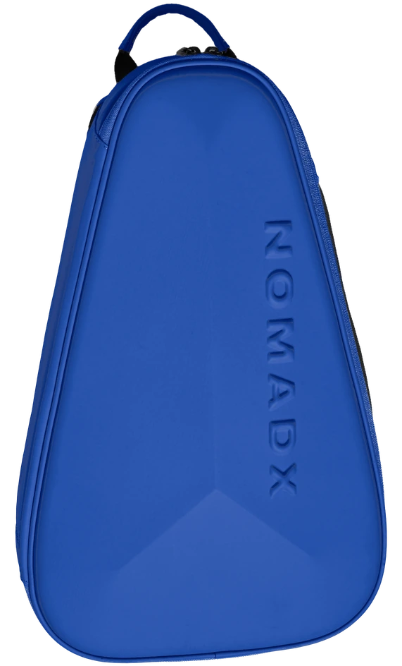 NomadX Hardshell Padel Backpack in Electric Blue, standing upright, three-quarter view