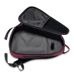 Inside the NomadX Hardshell Padel Backpack in Deep Burgundy, compartments open