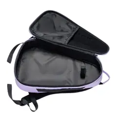 Inside the NomadX Hardshell Padel Backpack in Lilac Purple, compartments open
